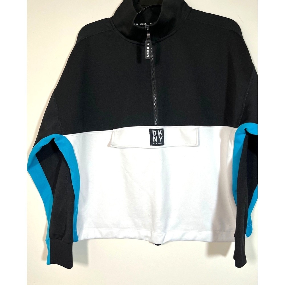 DKNY Sport Womens Size LARGE Black Colorblock Pocketed 1/4 Zip Pullover Top